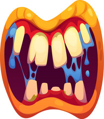 Wall Mural - Halloween monster mouth with drool jaws, dripping saliva and sharp rugged teeth. Isolated cartoon vector wide-open eerie zombie, alien or devil maw with scary dripping slime, yellow lips and red gums