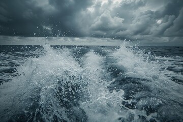 Wall Mural - grey ocean. splashing grey water under cloudy grey sky, speed boat tour on maldives