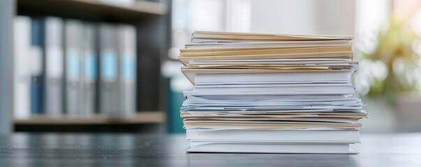 Debt collection agency office with stacks of files, business debt concept