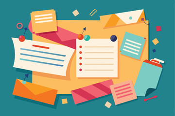 Poster - An illustration showcasing a collection of paper notes and assorted stationery items in a flat design style.