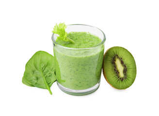 Wall Mural - Tasty green smoothie in glass, spinach and half of kiwi isolated on white