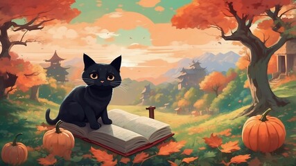 Wall Mural - illustration of a print of a colorful cute black cat with Halloween Pumpkin,