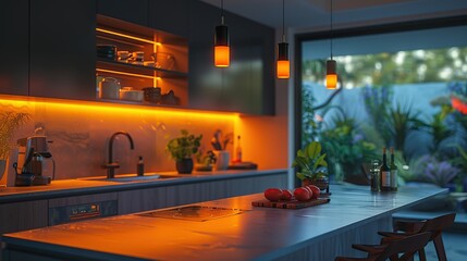 Modern Kitchen with Warm Lighting and Garden View