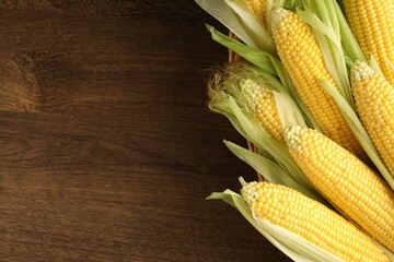 Sticker - Many fresh ripe corncobs with green husks on wooden table, top view. Space for text