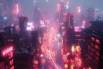 Wall Mural - futuristic cityscape at dusk glowing light trails from hovering vehicles towering skyscrapers with holographic displays neonlit streets misty atmosphere cyberpunk aesthetic