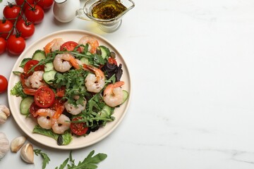 Poster - Delicious shrimp salad and ingredients on white marble table, flat lay. Space for text