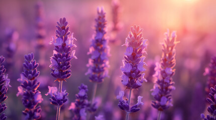 Poster - Lavender flowers blooming in a sunlit field at sunset