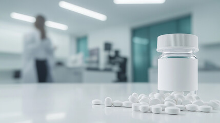 Wall Mural - Mockup of a prescription with a clear pill bottle, blank label, and scattered white pills on a pristine white surface. The background is a minimalist, blurred doctor's office with