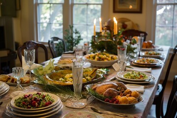 A table set for a holiday meal, featuring a roasted duck, side dishes, and candles.