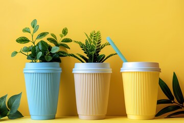 Colorful cups serve as unique planters, enhancing the creative display with greenery against a bright background.