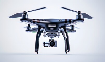 Wall Mural - New dark grey drone quadcopter with digital camera and sensors flying isolated on white. 