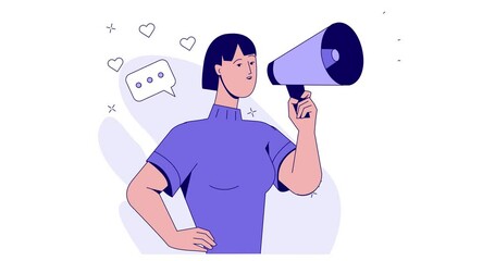 Aufkleber - social media marketing. moving banner with female influencer holding loudspeaker and attracting new 