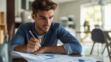 Aufkleber - A young businessman sitting at a desk with a notepad and pen, deep in thought while reviewing a business plan, with a clean and organized workspace in the background.