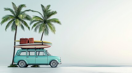 Vintage car with surfboards and luggage parked near palm trees