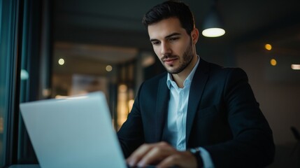 Aufkleber - A young professional businessman in a suit, having a video call on his laptop with a serious expression, set against a minimalist office backdrop for a contemporary look.