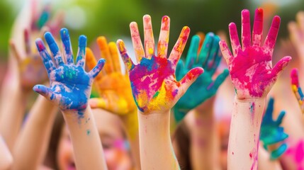 Canvas Print - A group of people with their hands painted in bright colors, AI