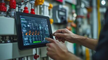 Digital water meter interface on a tablet, a technician calibrating the system, real-time data and metrics displayed in a smart home setting