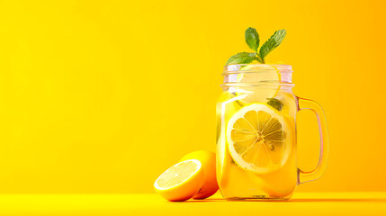 Wall Mural - Lemonade in mason jar with lemon and mint on yellow. Copy space. Summer drink