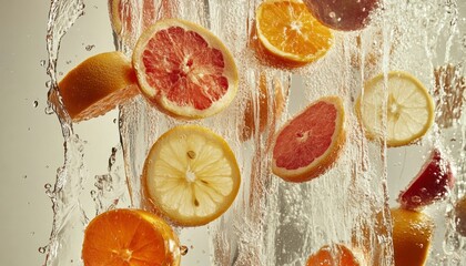 Wall Mural - Citrus Fruit Slices Falling Through Water With Splashing