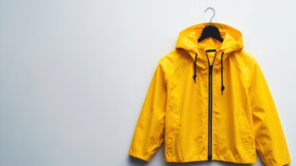 A yellow rain jacket hanging on a hanger against the wall, AI