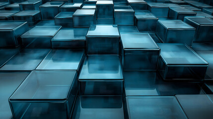 Aufkleber - Abstract arrangement of translucent blue cubes stacked in a geometric pattern, creating a modern visual effect in a digital space