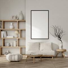 Wall Mural - Elegant 3D Render of Modern Minimalist Interior with Blank Frame on Wall, Neutral Tones, and Stylish Furniture