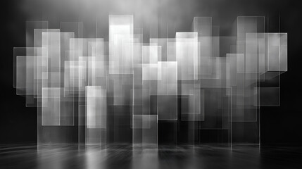 Poster - Abstract arrangement of translucent rectangles in varying sizes against a misty background