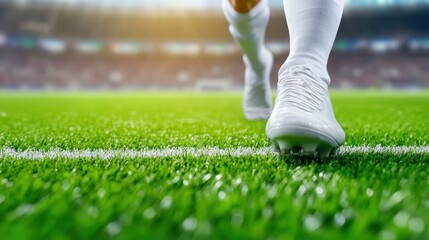 Canvas Print - A close up of a soccer player's feet on the field, AI