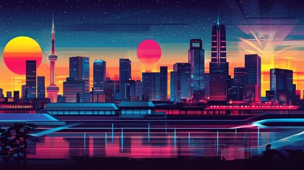 Wall Mural - Futuristic Cityscape with Neon Lights and Double Suns