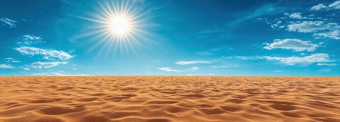 a vast desert landscape under a bright sun and clear blue sky, showcasing serene sand dunes and expa