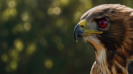 A close-up shot of a red-tailed hawk