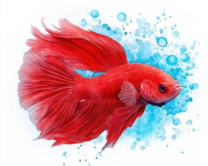 Vibrant red fish swimming gracefully, adorned with flowing fins, set against a backdrop of blue bubbles and watercolor splashes.