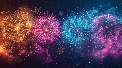 Wall Mural - Brilliant fireworks in multiple hues burst against a backdrop of a dark night sky, creating a mesmerizing visual spectacle and celebrating a festive occasion.