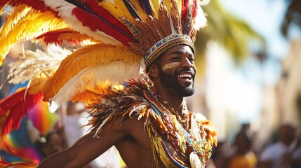 Smiling young man in colorful feather costume at carnival parade