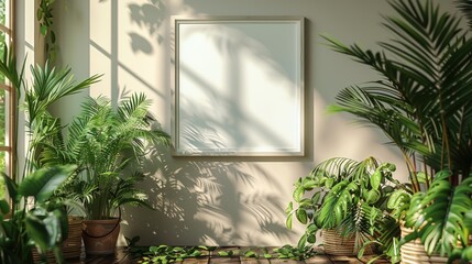 Wall Mural - Blank frame mockup in a room with potted plants and sunlight.