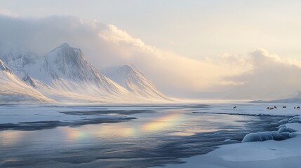 Wall Mural - photorealistic icy tundra frozen river with a faint rainbow in the distance overcast sky with soft diffused light arctic foxes wandering near the river distant mountain range covered in snow