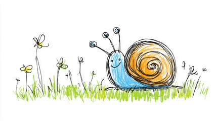 Hand-drawn illustration of a snail with a yellow and blue shell, happily moving through a grassy field with delicate flowers.