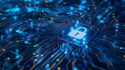 Blue digital security lock icon on a circuit board background, symbolizing cybersecurity and data protection.