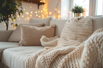 Wall Mural - Cozy Living Room Interior with Knitted Blanket and Pillows