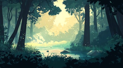 Wall Mural - Serene Forest Stream with Sunlit Canopy