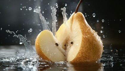 Wall Mural - A Halved Pear Splashing into Water