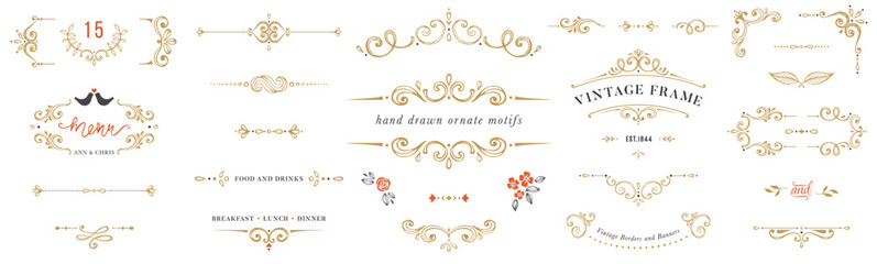 Wall Mural - golden ornate handdrawn elements, frames, labels, scroll, logos, floral motifs. for page decoration,
