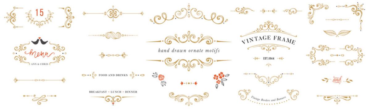 Golden ornate handdrawn elements, frames, labels, scroll, logos, floral motifs. For page decoration, greeting cards, invitations, menu. Vector illustration.