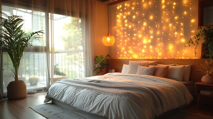 Wall Mural - Cozy Bedroom with String Lights and a View