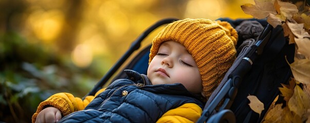 Wall Mural - Young toddler peacefully napping in a stroller on a beautiful autumn day in the forest