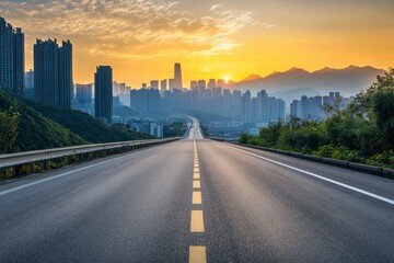 Straight asphalt highway road with modern city buildings at sunrise in Chongqing , ai