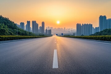 Straight asphalt highway road with modern city buildings at sunrise in Chongqing , ai