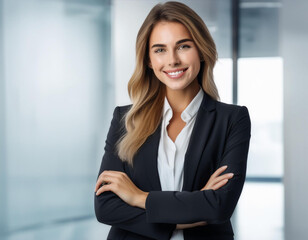 Poster - woman smiling cute friendly happy relaxed confident young businesswoman folded arms crossed