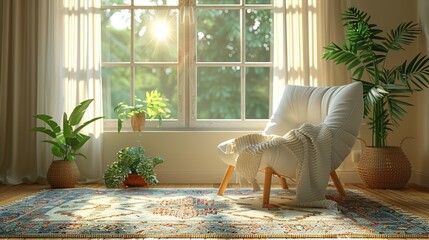 Wall Mural - Cozy living room interior design with a armchair, rug, and natural light