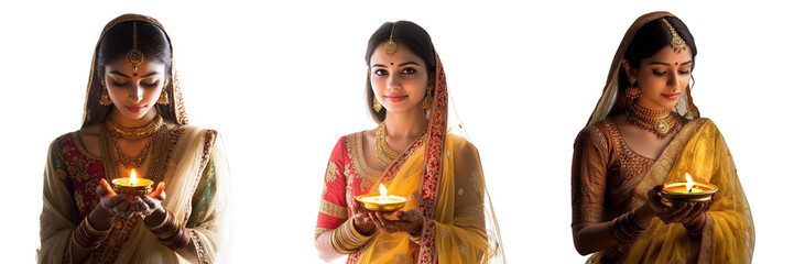 Wall Mural - Set of A woman in traditional Indian attire holding a lit diya isolated on transparent background  (2)